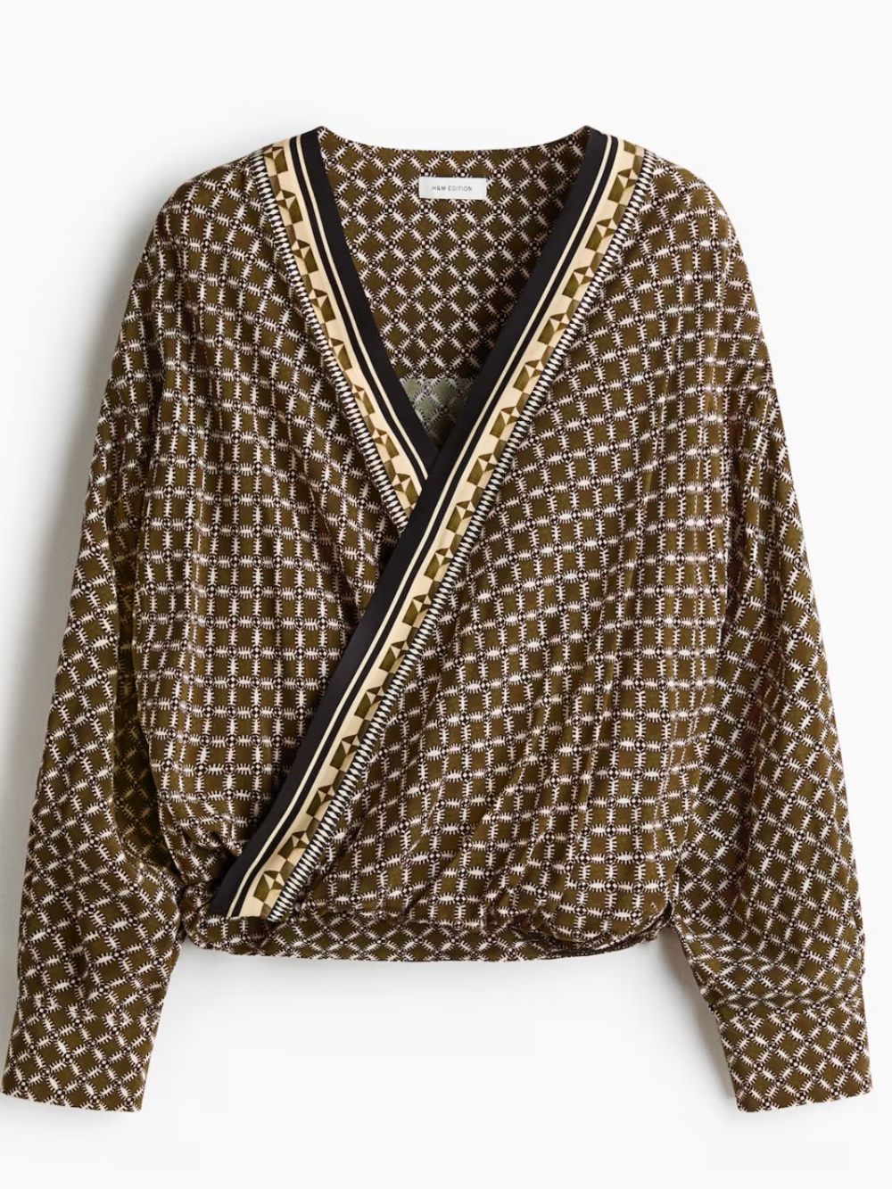 H&M Olive Brown Geometric Wrap-Style Blouse